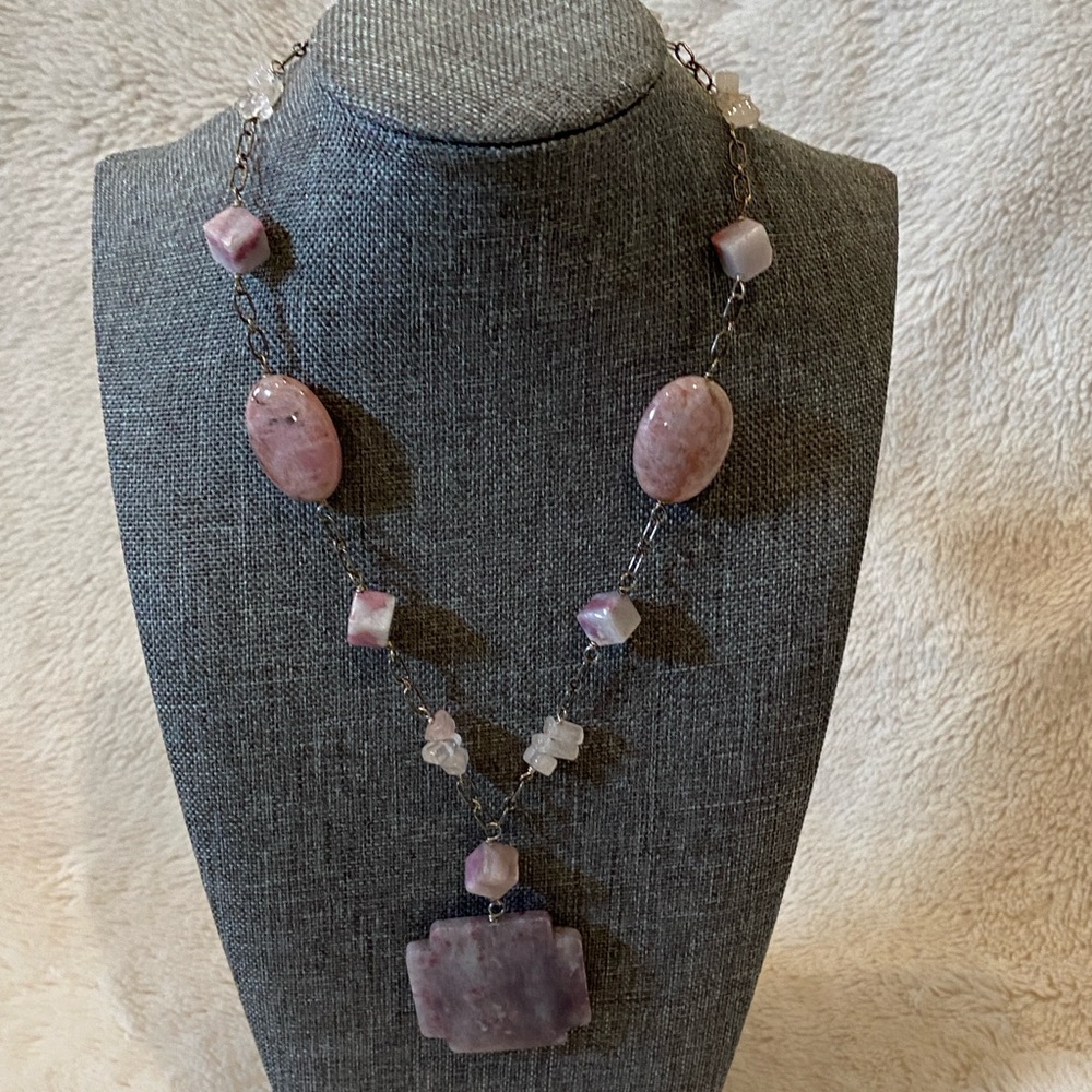 Costume Jewelry - 19" Necklace with Purple and Pink Faux Marble-Looking Stones